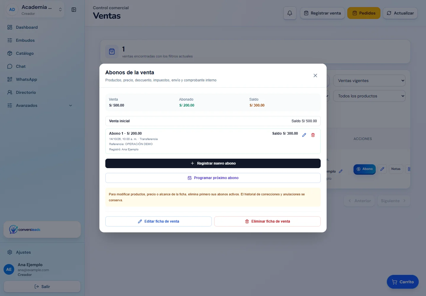 Panel de abonos de una venta de demostración