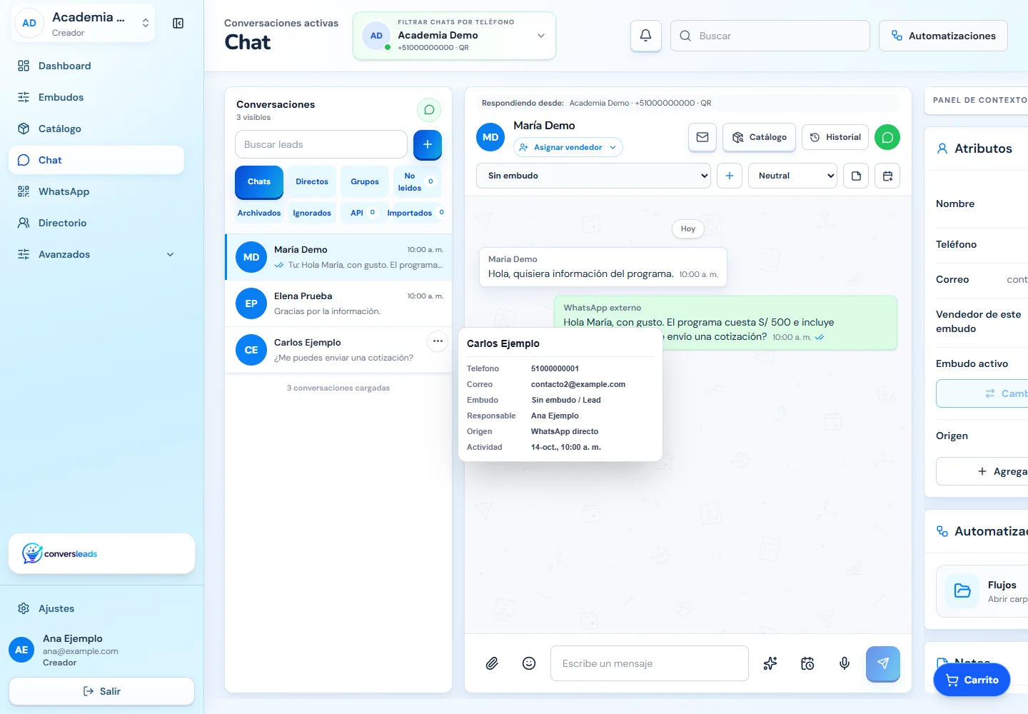 Chat de ConversLeads con una conversación de demostración
