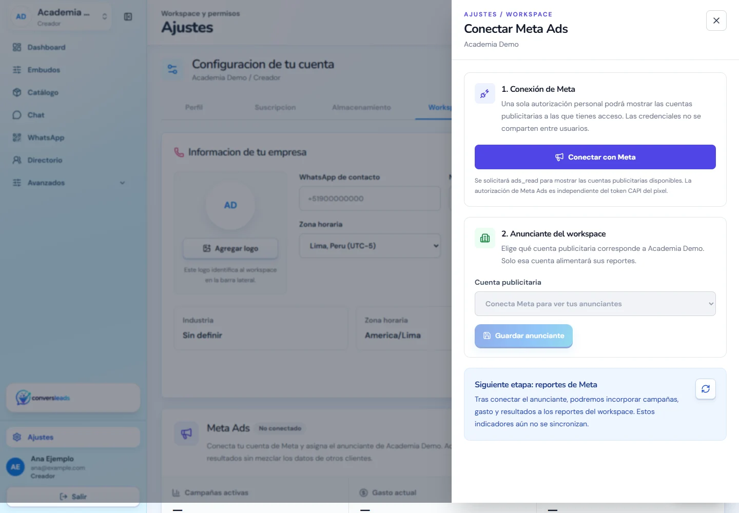 Panel de conexión de cuenta publicitaria Meta Ads