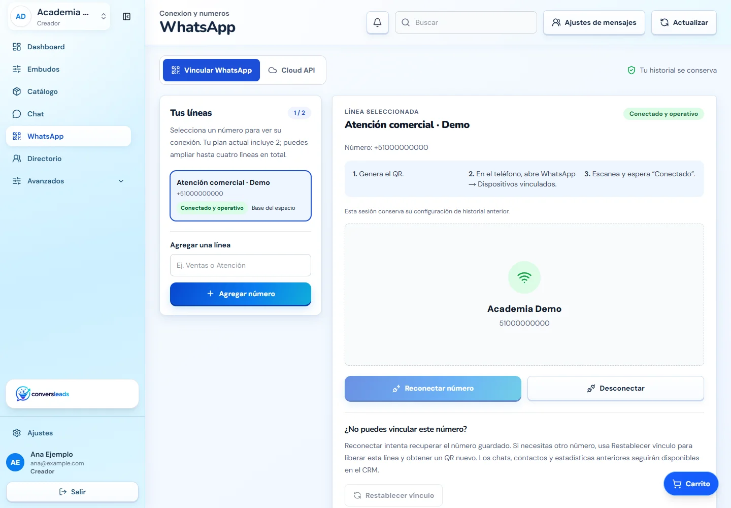 Panel de WhatsApp con la línea comercial de demostración conectada
